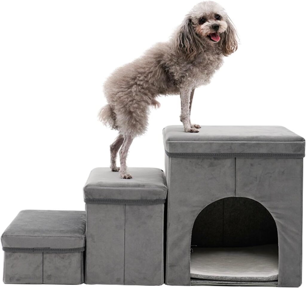 Hondentrap met 3 treden en opbergruimte, 60 cm hoog, grijs-blauwe zachte trap voor kleine honden en oudere katten