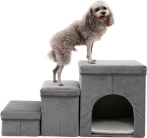 Hondentrap met 3 Treden en Opbergruimte – Hondentrap voor Kleine Honden en Oude Katten – Zachte Spons Dierentrap – 60 cm Hoog, Grijs-Blauw