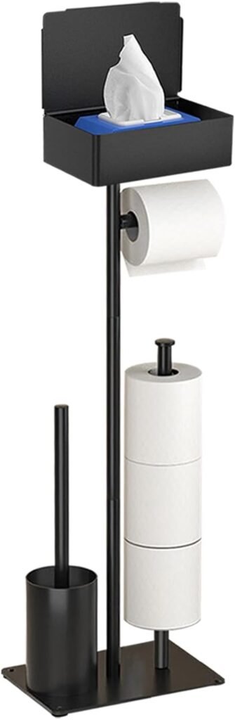 Staande zwarte RVS toiletpapierhouder met toiletborstel en natdoekjeshouder voor badkamer en toilet