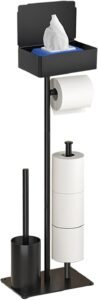Staande Toiletpapierhouder met Toiletborstel – Zwart RVS Badkameraccessoireset – Met Natdoekjeshouder – Modern Design voor Badkamer en Toilet