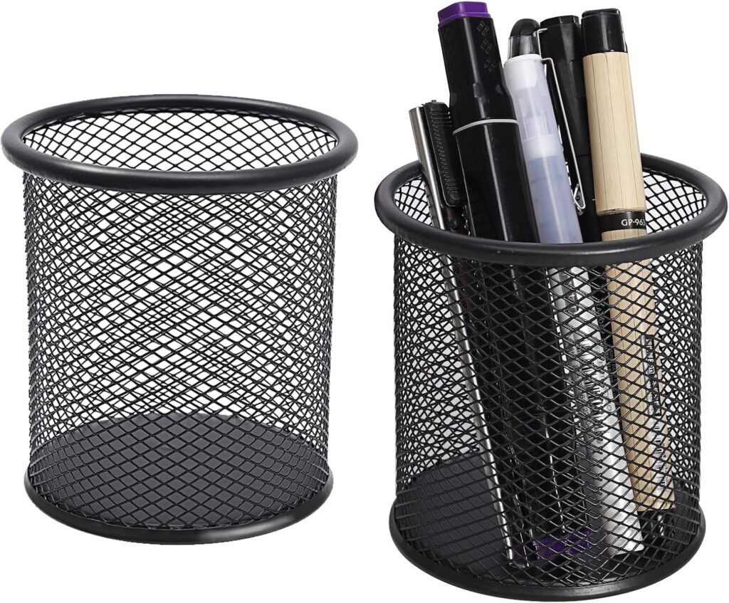 Zwarte metalen mesh pennenhouder set van 2 voor pennen, potloden en kantoorbenodigdheden