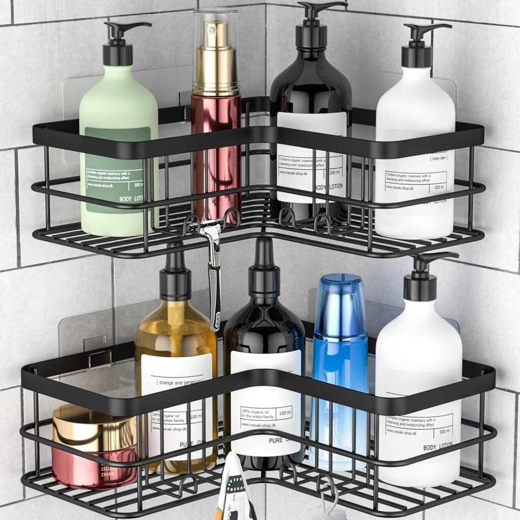 Hoek douche caddy set van 2 zwart met zelfklevende RVS doucheplanken en 8 haken