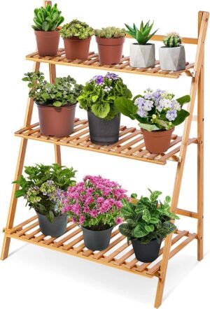 3-laags bamboe plantenrek in houtkleur, vouwbare bloemenladder voor binnen, balkon, woonkamer en tuin, 70 x 40 x 96 cm