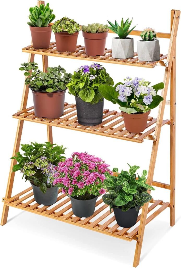 3-laags bamboe plantenrek in houtkleur, vouwbare bloemenladder voor binnen, balkon, woonkamer en tuin, 70 x 40 x 96 cm
