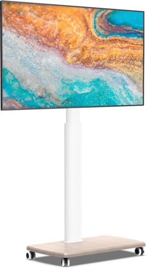 Verrijdbare witte tv standaard met houten basis voor 32-70 inch tv, draaibaar en in hoogte verstelbaar, met wielen en VESA 600x400 mm