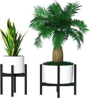 Zwarte metalen plantenstandaard in mid-century stijl voor bloempot van 20,5 cm, geschikt voor binnen en buiten