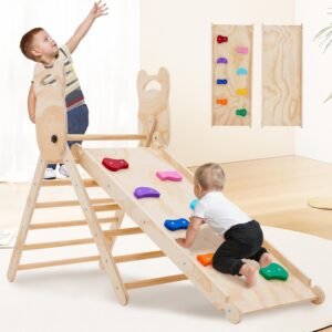 Houten Klimdriehoek met Glijbaan – Vouwbaar Klimtoestel voor Peuters en Baby’s – Klimrek met Glijhelling voor Kinderen van 1 tot 6 Jaar