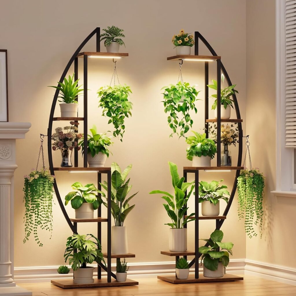 Plantenrek met groeilampen, 6-laags metalen plantenstandaard van 160 cm, halvemaanvormig voor binnen, set van 2 stuks