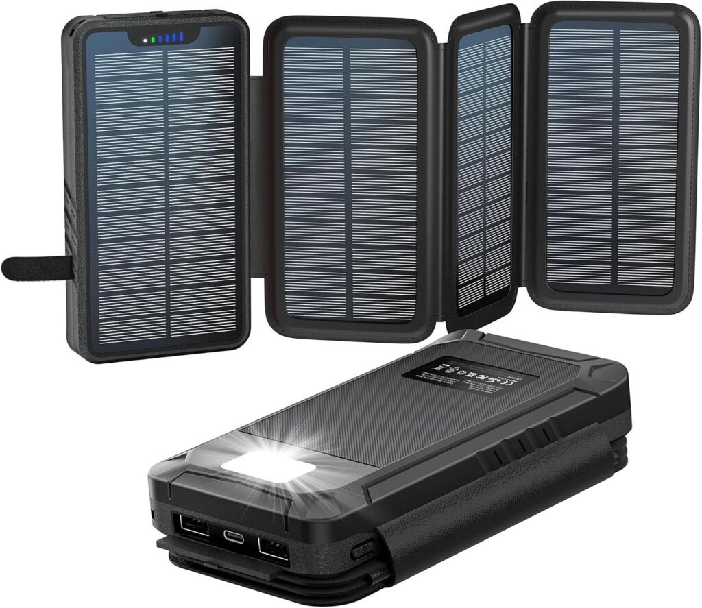 Solar powerbank 26800mAh met 4 opvouwbare zonnepanelen, USB-A en USB-C, waterdichte externe batterij met zaklamp