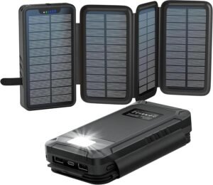 Solar Powerbank 26800 mAh – Waterdichte Externe Batterij met 4 Opvouwbare Zonnepanelen – USB-A en USB-C – Zaklamp voor Smartphone, Tablet en Kamperen