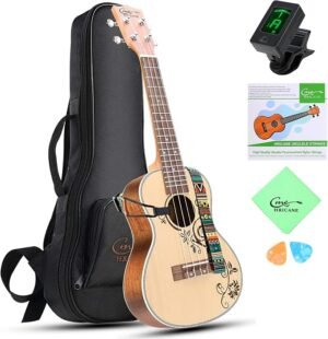 Concert ukelele 23 inch van sparren- en mahoniehout met bloemen gravure en accessoires voor beginners