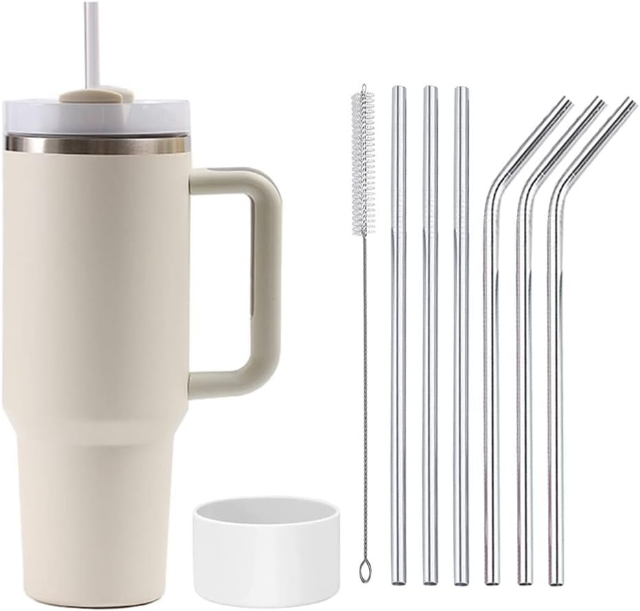 Beige thermobeker 1200 ml van RVS met handvat en roestvrijstalen rietje