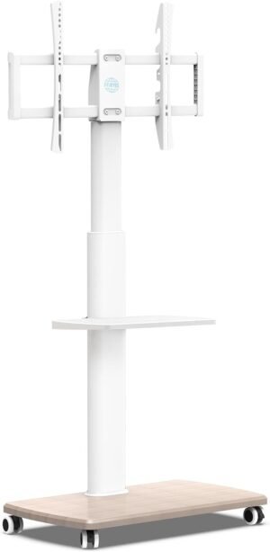 Mobiele TV Standaard op Wielen - Draaibare TV Trolley met Verstelbare Hoogte - Voor 32-70 Inch Televisies - Wit met Houten Voet en VESA 600x400 mm