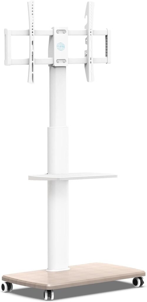 Mobiele TV Standaard op Wielen - Draaibare TV Trolley met Verstelbare Hoogte - Voor 32-70 Inch Televisies - Wit met Houten Voet en VESA 600x400 mm