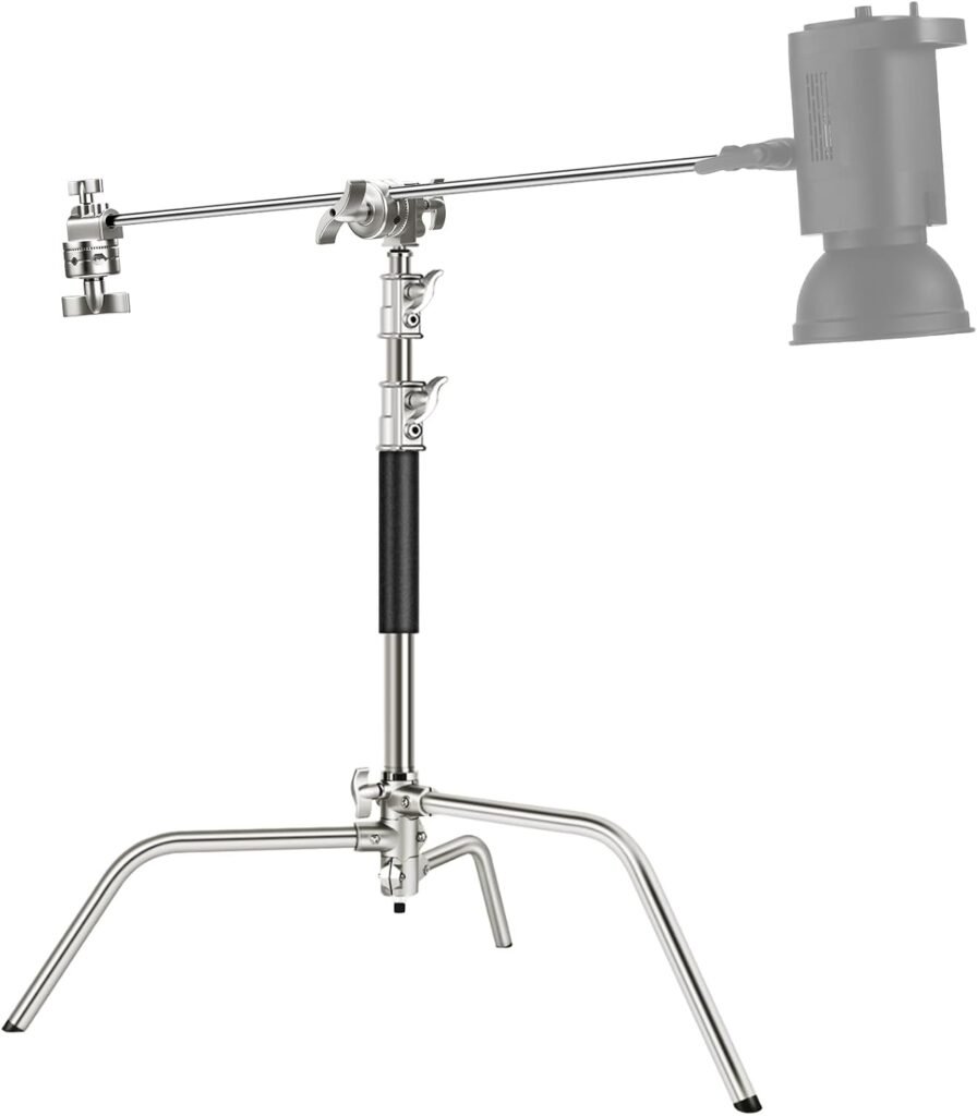 Professioneel C-stand lichtstatief van roestvrij staal, verstelbaar tot 172 cm met boomarm van 83 cm en 2 grip heads voor studioverlichting, softbox en reflector