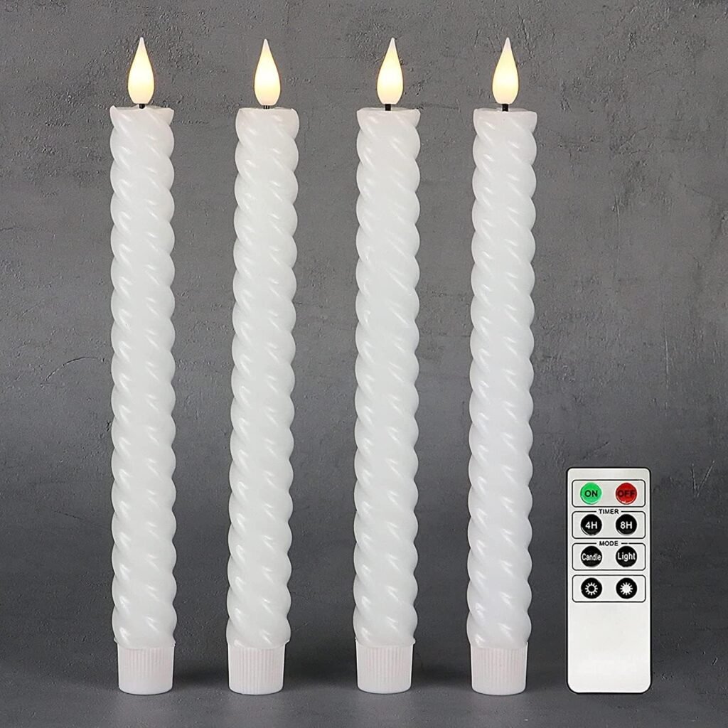 Witte LED dinerkaarsen set van 4 met ribbel design, warm wit licht, timer en afstandsbediening, 25 cm hoog