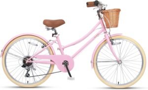Meisjesfiets 24 inch met 6 Versnellingen – Cruiser Stadsfiets met Rieten Mand – Hybride Kinderfiets met Shimano Derailleur en Zijstandaard