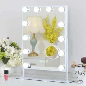 Verlichte Make-upspiegel met LED Verlichting – Make-upspiegel met 12 Dimbare Lampen en Touchbediening – 3 Lichtkleuren en 10x Vergroting – 360° Draaibaar, Wit 30 x 41 cm