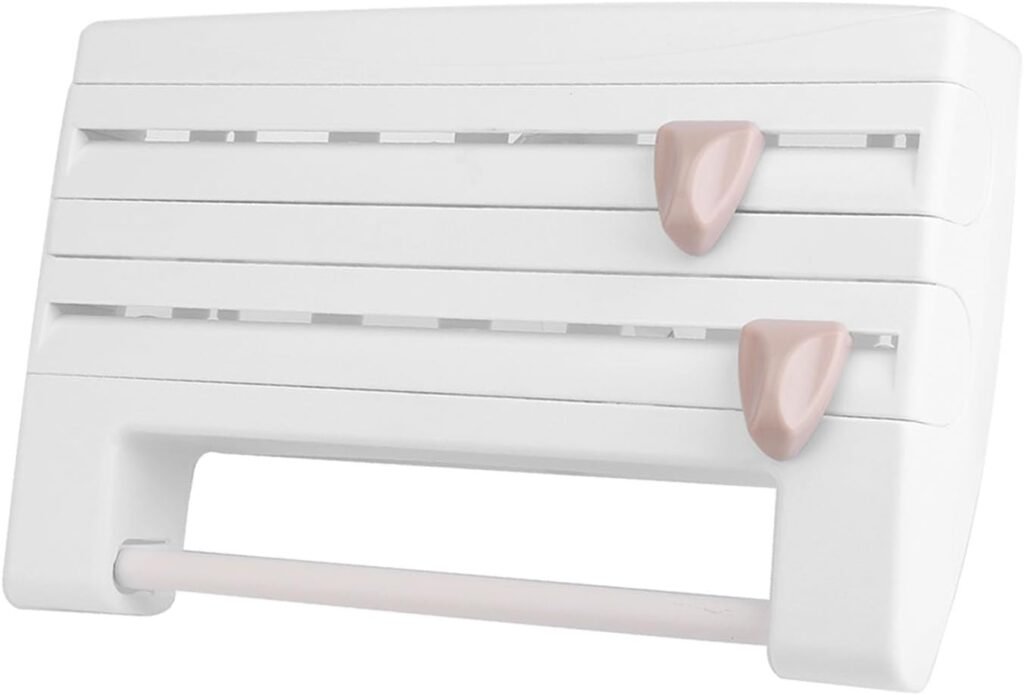 Wandhouder voor plasticfolie en keukenrol met snijbladen, multifunctioneel wit keukenrek van 39 x 10 x 24 cm