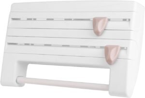 Wandhouder voor Plasticfolie en Keukenrol – Keukenrek met Snijbladen en Foliedispenser – Multifunctioneel Wandrek voor Keukenopslag – Wit, 39 x 10 x 24 cm