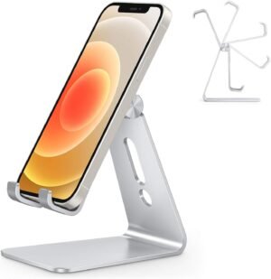 Verstelbare aluminium telefoonstandaard voor smartphone en tablet op bureau, ergonomisch design voor handsfree gebruik