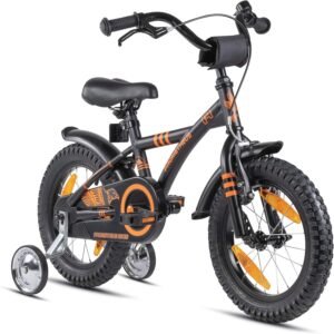Kinderfiets 14 Inch voor Jongens en Meisjes – BMX Fiets met Zijwieltjes en Terugtraprem – Mat Zwart met Oranje Accenten – Verstelbaar Zadel en Stuur