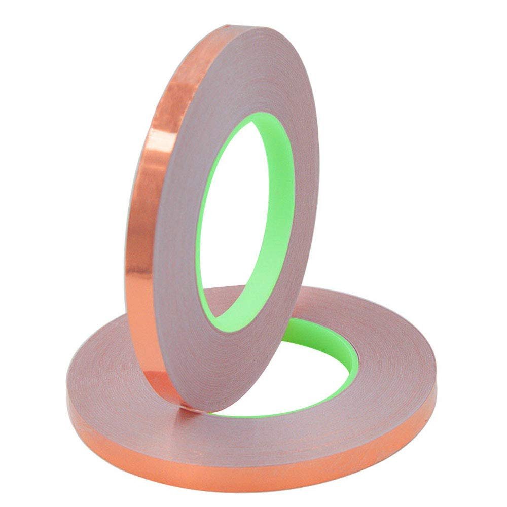 Dubbelzijdige koperen folietape 50 m x 10 mm, geleidend voor EMI-afscherming, elektrische reparaties en solderen, 2 rollen