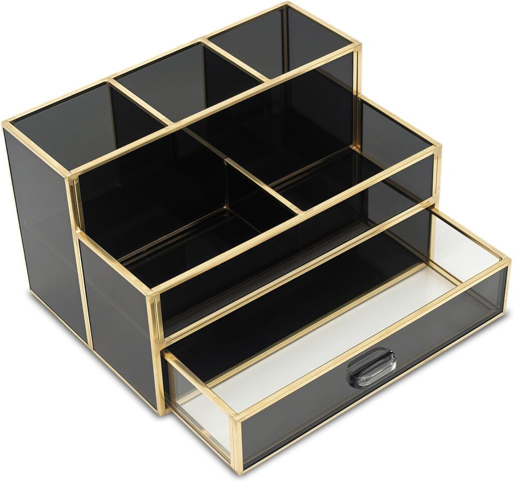 Zwarte cosmetische organizer met lades, glazen make-up opberger en kwastenhouder
