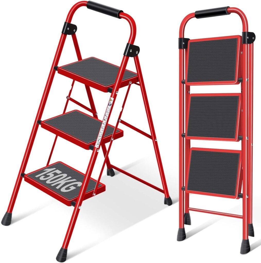 Vouwladder 3-traps, lichtgewicht en compact opvouwbare trapladder voor thuis, kantoor, tuin en garage