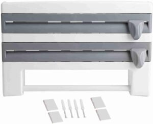 Wandhouder voor Plasticfolie en Keukenrol – Keukenrek met Snijbladen en Foliedispenser – Wandmontage met Opbergruimte voor Keukengerei – 39 x 10 x 24 cm Grijs-Wit