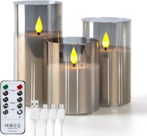 Oplaadbare LED Kaarsen Set van 3 – Grijs Glas met Afstandsbediening – Dimbare Vlamloze Sfe kaarsen – USB Oplaadbaar voor Woondecoratie en Feesten