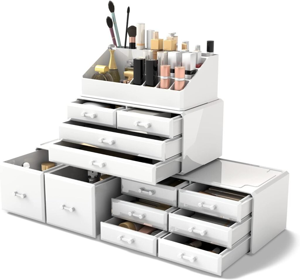 Make-up organizer met 12 opberglades in wit voor cosmetica, make-up en beautyaccessoires