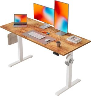 Elektrisch verstelbaar sta bureau 120 x 60 cm in lichtbruin met geheugenfunctie en anticollisiesysteem