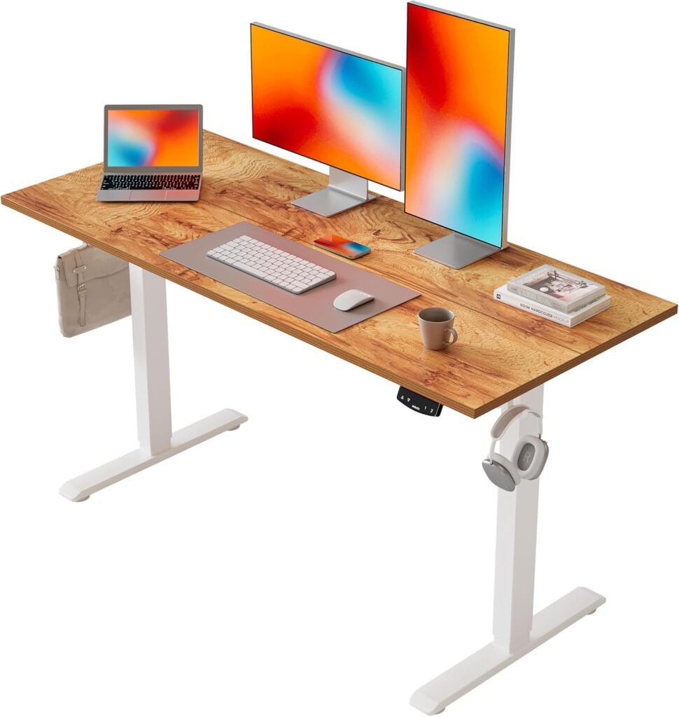 Elektrisch verstelbaar sta bureau 120 x 60 cm in lichtbruin met geheugenfunctie en anticollisiesysteem