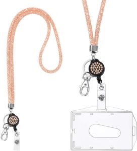 ID Kaarthouder Transparant – Badgehouder met Lanyard en Sleutelhanger – Halskoord Set – Roségoud – 10,5 x 8,7 cm