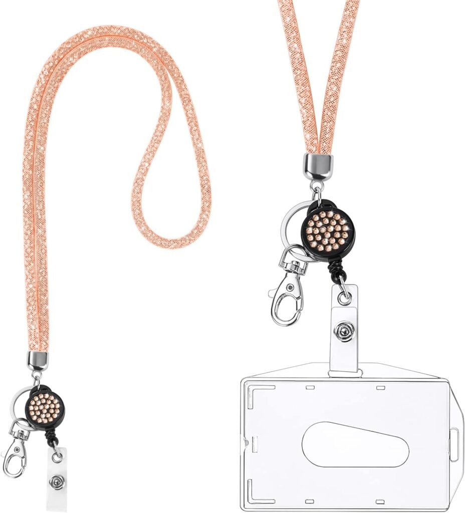 Transparante ID kaarthouder met kristallen lanyard en sleutelhanger in roségoud, 10,5 x 8,7 cm