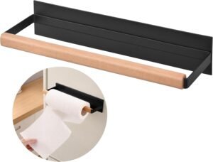 Magnetische Keukenrolhouder Zwart – Keukenpapierhouder voor Koelkast – Metalen Houder met Houten Details – Ruimtebesparende Keukenrolhouder