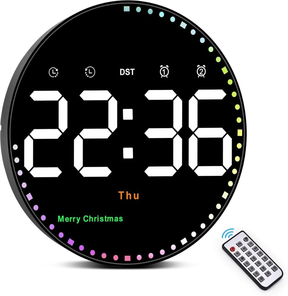 Digitale wandklok 10 inch met kleurrijke LED-verlichting, datum, dag, temperatuur, afteltimer, 2 alarmen en afstandsbediening