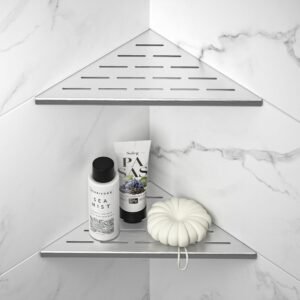 Doucheplank Hoek RVS Set van 2 – Doucherek met Ingebouwde Mand – Shampoo Houder voor de Badkamer – Geborstelde Afwerking