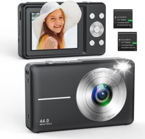 Digitale Kindercamera 44 MP 1080p HD – Compacte Fotocamera met 16x Digitale Zoom – Inclusief 32 GB Micro SD Kaart en 2 Batterijen – Zwart