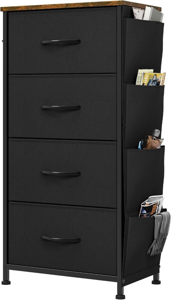 Ladenkast met 5 stoffen lades, metalen frame en handgrepen in zwart met houtnerf voor slaapkamer, woonkamer of hal