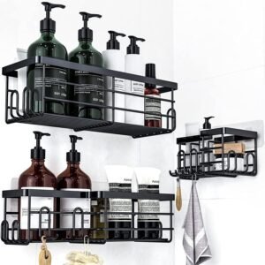 Doucherek Zonder Boren 3-delig – Zwart Badkamerrek van Roestvrij Staal – Douche Organizer voor Shampoo en Douchegel – Eenvoudige Montage zonder Boren