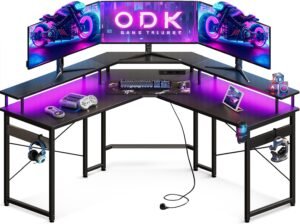 Gaming Bureau met LED Verlichting en Monitorplank – Gaming Tafel met 2 Stopcontacten en 2 USB-Oplaadpoorten – Carbon Fiber Zwart – 129 x 129 cm