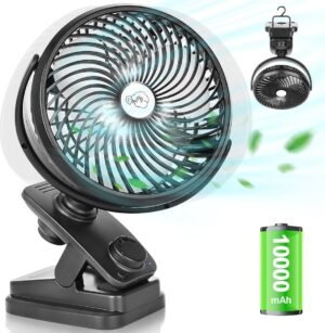 Tafelventilator met clip, oscillatie, LED-licht en USB-oplaadbare 10.000 mAh accu, diameter 18 cm