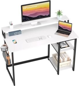 Bureau 120 x 55 cm – Omkeerbaar Bureau met Opbergplanken – Werkstation met Hoofdtelefoonhouder – Praktisch Bureau Wit