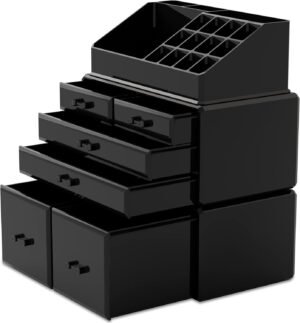 Zwarte make-up organizer met 6 lades voor cosmetica en beautyproducten