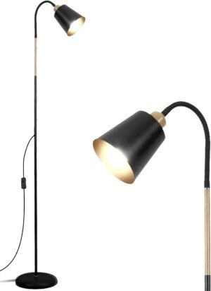 Zwarte metalen vloerlamp E27 met 360° draaibare fitting, 159 cm hoog, voor woonkamer en slaapkamer