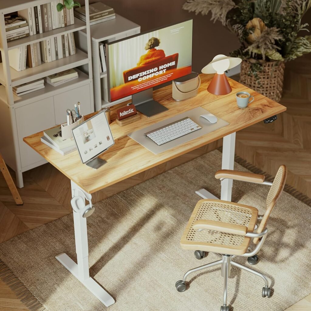 Elektrisch verstelbaar sta bureau 120 x 60 cm in lichtbruin met geheugenfunctie en anticollisiesysteem