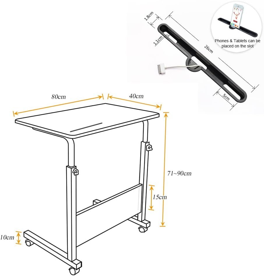 Verstelbare laptoptable met wielen voor laptopgebruik in bed of op de bank, geschikt voor werk en studie