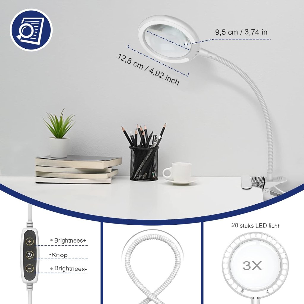Loeplamp met USB-klem, 3x vergroting en LED-verlichting